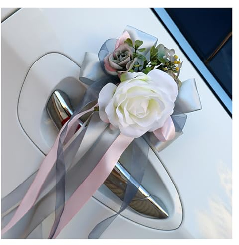 Qiantull 4 Stück Autoschmuck Hochzeit Autoschleifen Hochzeitsdeko Auto Rückspiegel Türgriff Künstliche Blume Schleife Hochzeit Auto Deko Hochzeitsauto Dekoration für Hochzeit Party Grau-weiß