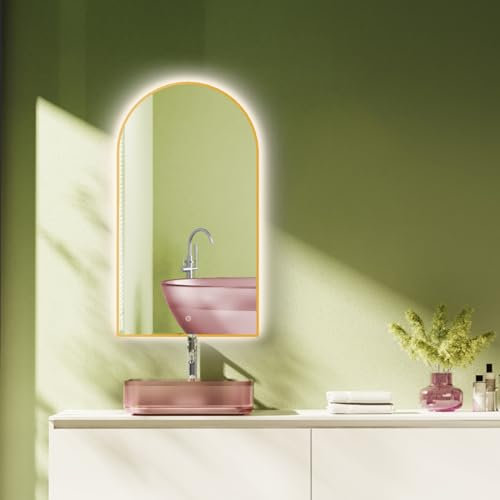 HOKO Bogen LED Badspiegel 50x90 cm / 90x50 cm Oakland mit Goldener Metallrahmen, HOCH+QUER Montage. Arch Lichtspiegel+Touch Schalter+Licht Wechsel 2700-6500K, Warmweiß-Kaltweiß-Neutral