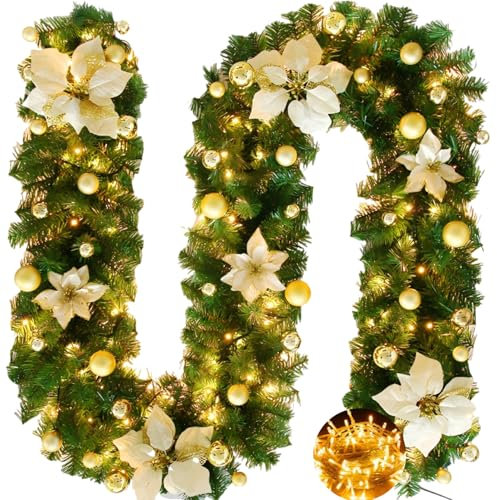 Weihnachts-Girlande 2.7 mit Beleuchtung LED - Tannengirlande für Weihnachten, Innen & Außen, Beleuchtete Weihnachtsgirlande für Treppe, Tür & Kamin - Weihnachtsgirlanden Beleuchtet