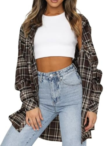 LACOZY Womens Cowboy Shirt Buffalo Plaid Flannel Shirt Long Sleeve Collar Button Down Blouses Lightweight Tops Coffee M