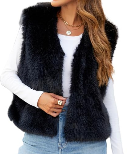 HzDazrl Gilet en fausse fourrure pour femme sans manches de couleur unie ouvert sur le devant Veste tendance d'automne décontracté Gilet court (noir, L), Noir , L