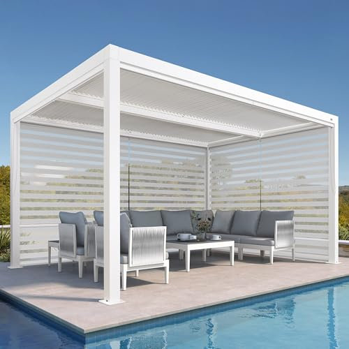 PURPLE LEAF Pavillon 3 x 4.25 m mit Sonnenrollo Wasserdicht Stabil Winterfest Alu Pergola mit Lamellendach Terrassenüberdachung für Gartren, 1 Lange Seite und 1 Kurze Seite, Weiß