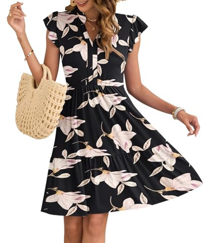 AUSELILY Damen Sommerkleid V-Ausschnitt Kleider Rüschen Ärmel Minikleid Elastische Taille Freizeitkleid mit Taschen Winde L