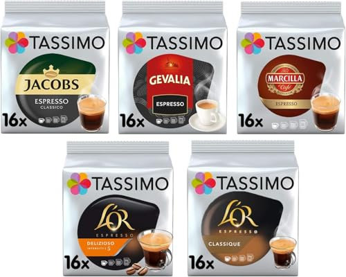 Jacobs & L'OR Espresso Coffee Selection - Classico/Classic/Marcilla Coffee Pods (Pack of 5, 80 Servings)