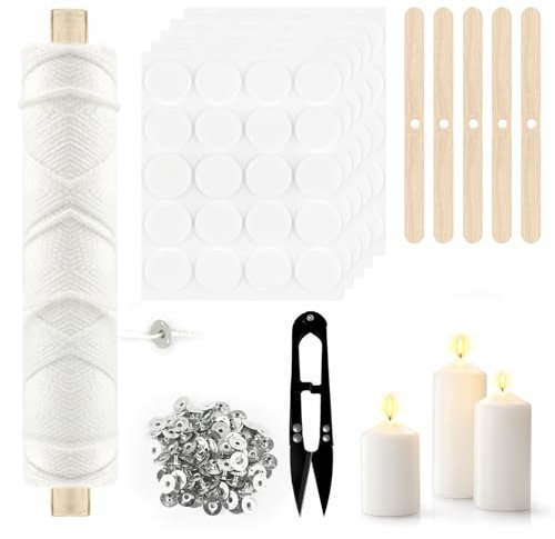 61m Kerzendocht, Kerzendochte für Kerzen Set, Dochte für Kerzen mit 100 Kerzendochthalter, Edelstahlhalter, Schere und Aufkleber für DIY Kerzenherstellung für Abendessen, Hochzeiten und Festivals