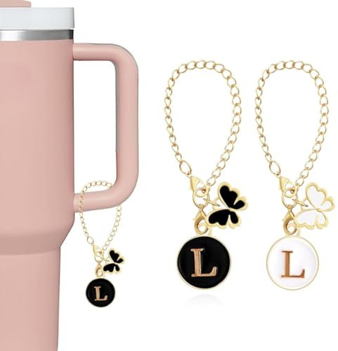 EORPAVU Dijes para bisutería, 2 piezas colgante de taza con letra L con lazo colgante personalizado para asa botella de agua taza de joyería (negro, blanco)