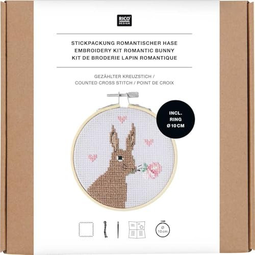 Rico Design Stickpackung: Stick-Set für Ostern, Ø 10 cm, Deko & DIY-Kit, Handarbeit, Hobby, Bastelprojekt, Stickerei Romantischer Hase