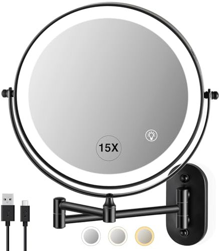 VORREMIRR Vergrößerungsspiegel mit Beleuchtung 1x/15x & Akku: Wandmontierter beleuchteter Schmink- und Kosmetikspiegel für das Badezimmer