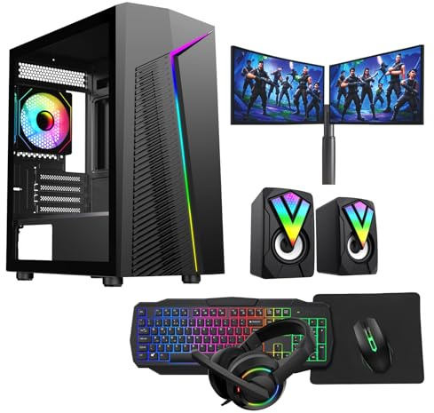 Gaming PC Set – Intel Core i7, GT 730 4GB Graphics, 16GB RAM, 128GB SSD + 1TB HDD, Windows 11 Pro, Dual 22 Monitors, Keyboard, Mouse, Headset – Gaming PC Bundle (Alpha Black)