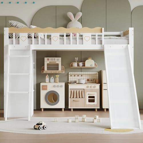 Moimhear Etagenbett mit RUTSCHE & KLEIDERSCHRANK • Kinderbett 90x200 cm mit integriertem Schrankystem • Hochbett mit Rutschbahn, 3-Stufen-Leiter & vierseitigem Zau • Weiß+Natur • Ohne Matratze