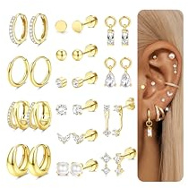 12Paar Ohrringe Gold Chirurgenstahl Set | Hypoallergen Medizinische Ohrstecker Silber Piercing Ohr Gold für Damen | Golden Ohrringe Damen Wasserfest Ohrstecker für Tragus Conch Helix Piercings Golden