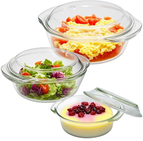 Set of 3 Glass Casserole Dishes with Lids, 0.7L+1.5L+2L Round Oven Bowl | Heat-Resistant Borosilicate Glass Oven Dish for Cooking, Baking, Serving & Storage, Microwave & Dishwasher Safe