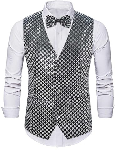 YOSUWOAI Anzugweste für Herren Glitzer Weste mit Fliege Set Ärmellos Anzugwesten V-Ausschnitt Paillettenweste Glänzende Anzug Westen Karneval Kostüm für Hochzeit Party Festlich Disco