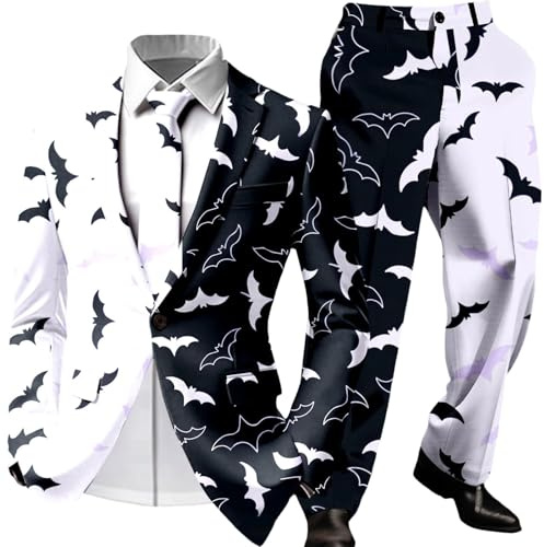 Generisch Vestito per Halloween, da uomo, per carnevale, feste a tema, zucca, colore a blocco, vestibilità stretta, con giacca blazer 3D, set di stampa per feste e balli, T viola chiaro, M