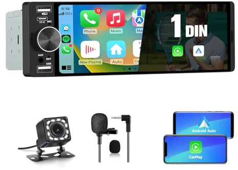 AWESAFE 1 DIN Radio Coche Universal con Pantalla Táctil 6.36 Pulgadas, con CarPlay/AndroidAuto, Admite Carga Type-C/2USB/Micrófono/FM/EQ/GPS/Bluetooth/SWC