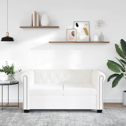 Yisssmeng Chesterfield 2-Sitzer Kunstleder Schlafsofa Weiß 145 x 76 x 70 cm Knopfheftung Nietenverzierung Modernes Design Robustes Holzgestell für Living Room Büro Gästezimmer