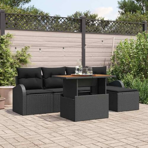 Owoxanthellate Garten-Sofa-Set 6-TLG. Schwarz Poly Rattan wetterbeständig modularer Loungemöbel Eckbank mit großem Stauraum 55 cm Sitzhöhe für Terrasse Balkon Outdoor-Sitzgruppe