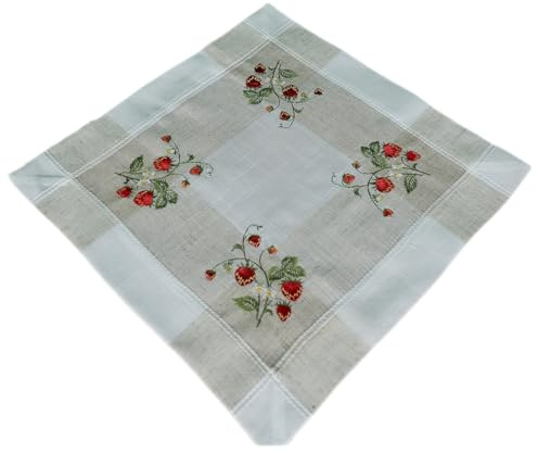 texpot Tischdecke 35 x 35 cm Stickerei Erdbeeren Leinenoptik Sommer Frühling