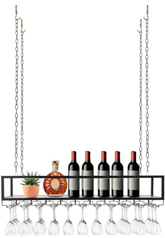 HäNgendes Weinregal Verstellbarer Mit Glashalter Und Regal 110*25*22Cm | FüR Bar Restaurant KüChe;Deckenregal Eisen Bietet Platz FüR Weinflaschen GläSer (Ø 4-9Cm), FüR Platzsparende DeckenhäNgung