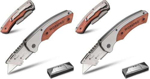 WORKPRO Faltbares Universalmesser Klappmesser mit Holzgriff, Teppichmesser Cuttermesser mit Gürtelclip und Liner-Lock-Design, inkl. 10 Ersatzklingen (Packung mit 2)