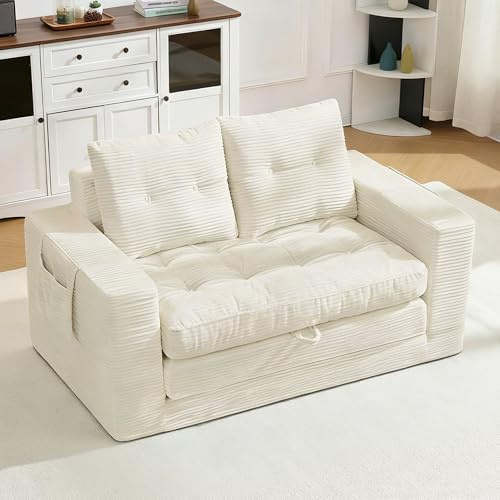 staronce 2-Sitzer Sofa Cord ausklappbar Schlaffunktion beige | Zweier-Sofa mit Seitentaschen & breiten Armlehnen, Klappsofa mit Bettfunktion für Wohnzimmer, Schlafzimmer & Büro