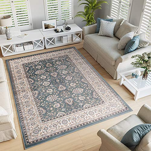TAPISO Colorado Teppich Wohnzimmer Klassisch Kurzflor Orientalisch Blau Grün Creme Beige Ziegler Ornament Muster Orientteppich ÖKOTEX 250 x 350 cm