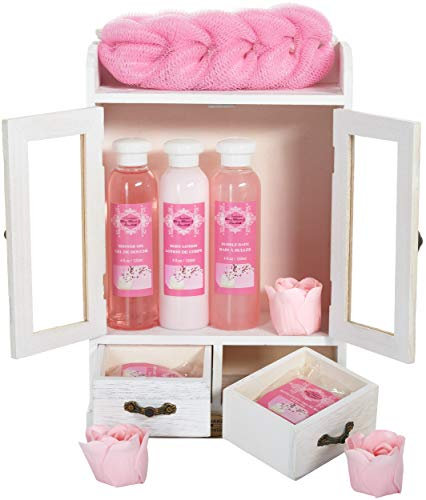 BRUBAKER Cosmetics - 10-teiliges Bade- und Pflege Set Geschenkset - Kirschblüten & Reismilch - Vegan - im Vintage Beauty-Schrank Weiß