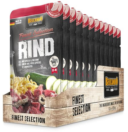 BELCANDO Frischebeutel [12x125g Rind mit Spätzle & Zucchini] | Nassfutter für Hunde | Feuchtfutter Alleinfutter im Einzelportionsbeutel