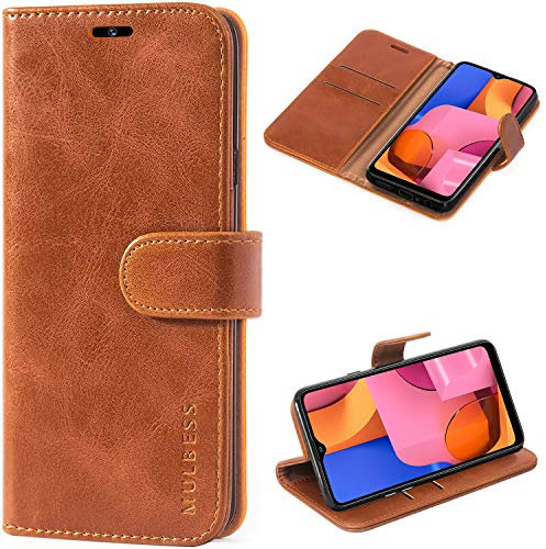 Mulbess Handytasche für Samsung Galaxy A20S Hülle, Ledertasche mit Bookstyle, Standfunktion, Kartenfächern Handyhülle, Vintage Cognac Braun