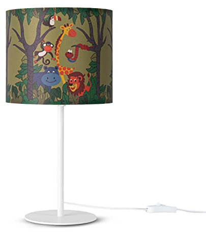 Paco Home Tischlampe Kinderzimmer Nachtisch Lampe Stoffschirm Rund Dschungel Tiere Junge Mädchen E27 Zoo Mit Stecker
