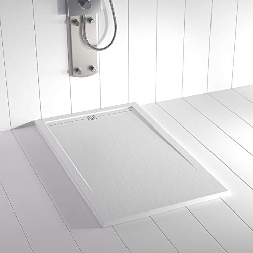 Shower Online Receveur de douche en résine FLOW - 80x210 - Texture Ardoise - Antidérapant - Blanc RAL 9003 - Toutes les tailles disponibles - Y compris la Grille en Couleur Blanc et la Bonde