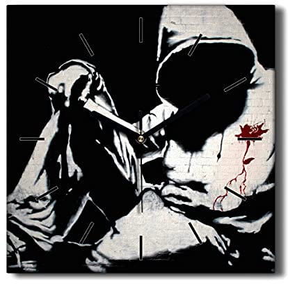 Coloray Uhr auf Leinwand 30x30cm Segeltuch Wohnzimmer Dekoration Ohne tickendes Geräusch Wand Uhr - Messer Banksy