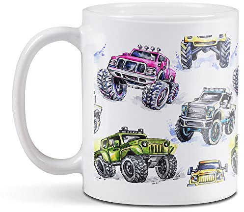 1 x 11oz (284ml) White Ceramic Mug Cup - Monster Truck Kids Van Car Design for Coffee Tea Drinks Kitchen Birthday Office Fun #8186