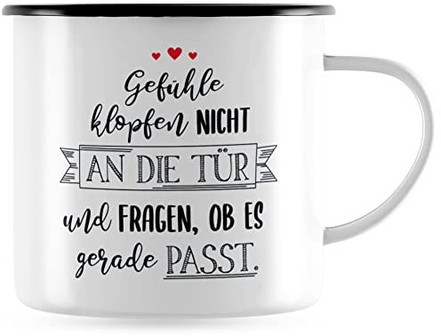 JUNIWORDS Emaille-Tasse, Gefühle klopfen Nicht an die Tür und Fragen, ob es gerade passt, Schwarzer Tassenrand