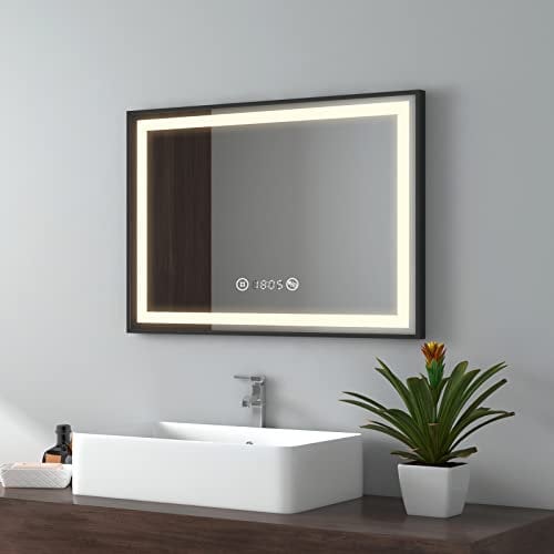 EMKE Badspiegel mit Beleuchtung 70x50cm, schwarzer Badezimmerspiegel mit Touch, Dimmbar, Antibeschlag, Uhr, Memory-Funktion und Neutrales Licht 4300K, energiesparend Wandspiegel IP44