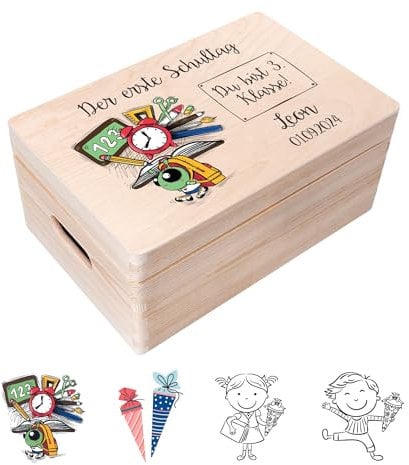 Creative Deco Personalisiert Einschulung Geschenk | Junge/Mädchen Schulanfang Geschenke | Einschulungsgeschenke Erster Schultag | Schultüte Holzkiste Erinnerungsbox | für 1. und 5. Klasse | Deko