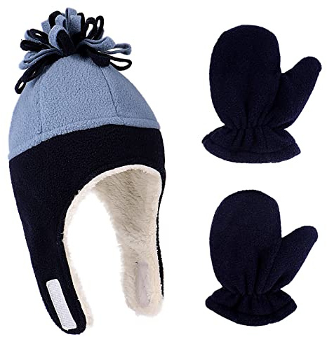 LACOFIA Cappellini Beanie e Manopole in Caldo Pile per Neonato Berretto da Pilota Invernale con Paraorecchie e Guanto da Bambino
