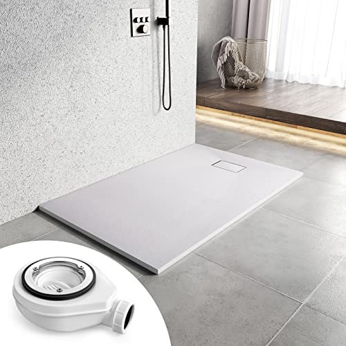 Heilmetz Duschwanne mit Siphon 120x90cm Flach Duschtasse Höhe 2.6 cm SMC Brausewanne Steinoptik Antirutsch Duschtasse mit Ø 90mm Ablaufgarnitur -Weiß