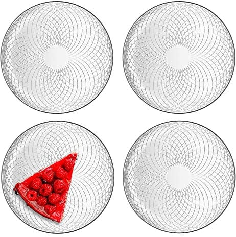 TREND FOR HOME Geschirrset 4 Personen Teller Set aus Glas Dessertteller Frühstücksteller Servierteller Kuchenteller Salatteller Transparent | 4 Stück | Ø 17.4 cm | Geometrische Muster | Elina