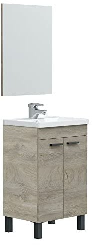 HOMN LIVING Mueble de Baño Levis 2 Puertas, Espejo y Lavabo cerámico, Acabado en Alaska, 50 cm (Ancho) x 40 cm (Fondo) x 80 cm (Alto)
