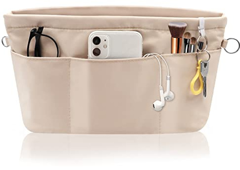 Handtaschen Organizer Nylon, Taschenorganizer Mit Schlüsselbund (Beige, M) | Taschenorganizer Bag in Bag Organizer mit Schlüsselbund, Wasserdicht Multi-Taschen Innentaschen für Handtaschen