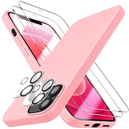 Dssairo [5 in 1 für iPhone 12 Hülle/iPhone 12 Pro Hülle 6.1, mit 2 Pack Displayschutzfolie + 2 Pack Kameraobjektivschutz, Flüssigsilikon Slim Stoßfest Schutzhülle Handyhülle (Rosa)