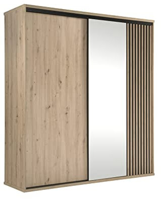 Cool24 Kleiderschränke - Modern Schwebetürenschrank - Kleiderschrank mit Spiegel und Kleiderstange - Schlafzimmerschrank 199cm mit 12 Regale - Kleiderschrank Braun - Schrank Schlafzimmer CALI
