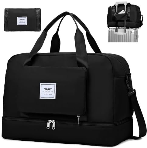 FIORETTO Womens Foldable Weekend Bag Overnight Hospital Bag with Shoes Compartment & Wet Pocket, Water Resistant Gym Bag Duffle Bag Travel Bag Holdall for Women Men Black