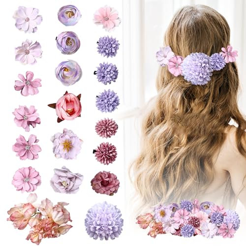 21 Stück Blumen Haarspangen Bohemian Haarclip Mehrfarbig Rosen Haarnadeln Haarschmuck für Strandparty, Braut, Hochzeit, Event Dekoration (Pink Lila)