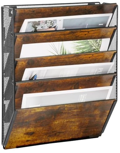 TQVAI 5 Fächer Zeitschriftenhalter Wand Metall Holz Dokumenten Organizer Papier A4 Flyerhalter Postsortierer Dokumentenablage für Büro Zuhause Schule, Schwarz/Antik