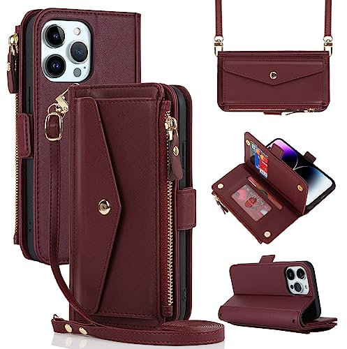 Cavor Crossbody iPhone 14 Pro Max Case With Strap,Flip Leather Wallet Case,[9 Card Holder][Detachable Lanyard][Zip Pocket],Protective Phone Case Cover for iPhone 14 Pro Max - Red