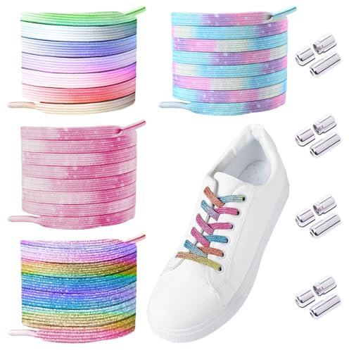 MEMOFYND Set di 4 paia di lacci colorati senza cravatta, elastici con fibbia in metallo, universali, per scarpe in tela, scarpe sportive, stivali, multicolore, 120
