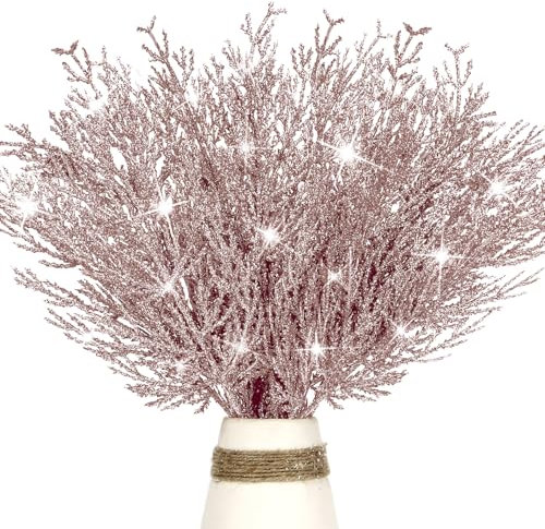 12 Pcs Christmas Glitter Leaves, 35 CM Christmas Tree Picks Artificial Twigs Branches Artificial Christmas Glitter Fern Leaf for DIY Xmas Tree Wreath Wedding Garland Decorations (Rose Gold)