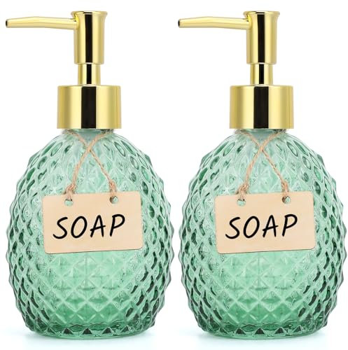 Segbeauty Flacon Pompe Vide, 2 Pièces 380ml Distributeur Savon Verre, Distributeur Gel Douche avec Pompe, Bouteille Shampoing Rechargeable, Distributeurs de Savon et de Lotion (Vert)